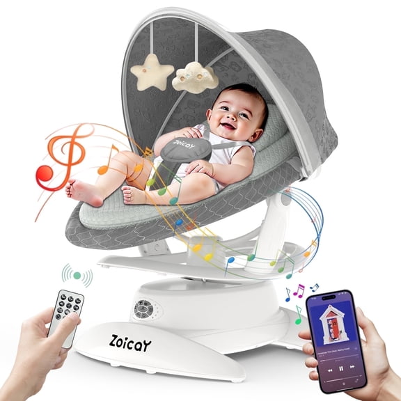Zoicay Baby Swing, Baby Rocker Stationary Seat Infants Swing 3-IN-1 Design, Motion Detection, 5 Speeds & 3 Modes, 12 Melodies & Bluetooth Music, Gray
