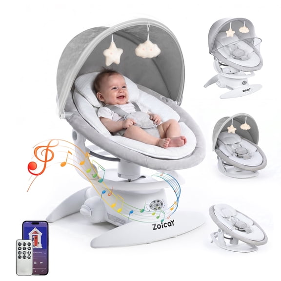 Zoicay Baby Swing for Infants, 3-in-1 Baby Rocker Stationary Seat, Motion Detection, 5 Speeds & 3 Modes, 12 Melodies & Bluetooth Music, White