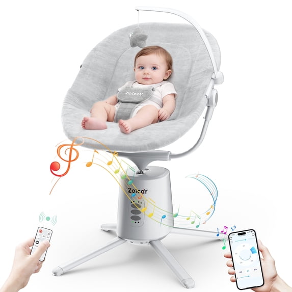 Zoicay Electric Baby Swing with App Remote Control, 5 Speeds 3 Sway Modes, Bluetooth Music, 5-Point Harness Infant Swing, Gray