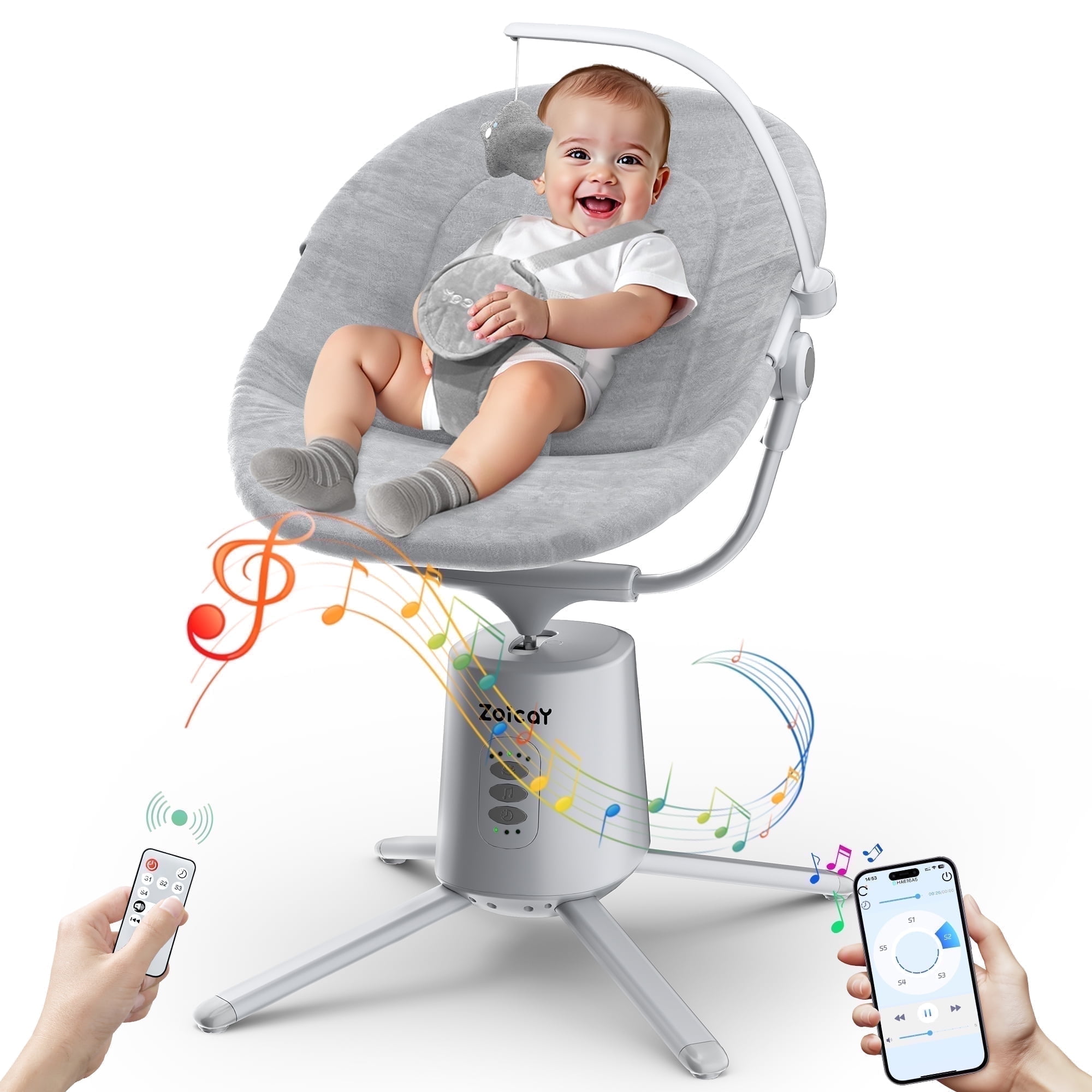 The Coupon deal of  Zoicay Electric Baby Swing with App Remote Control, 5 Speeds 3 Sway Modes, Bluetooth Music, 5-Point Harness Infant Swing, Gray