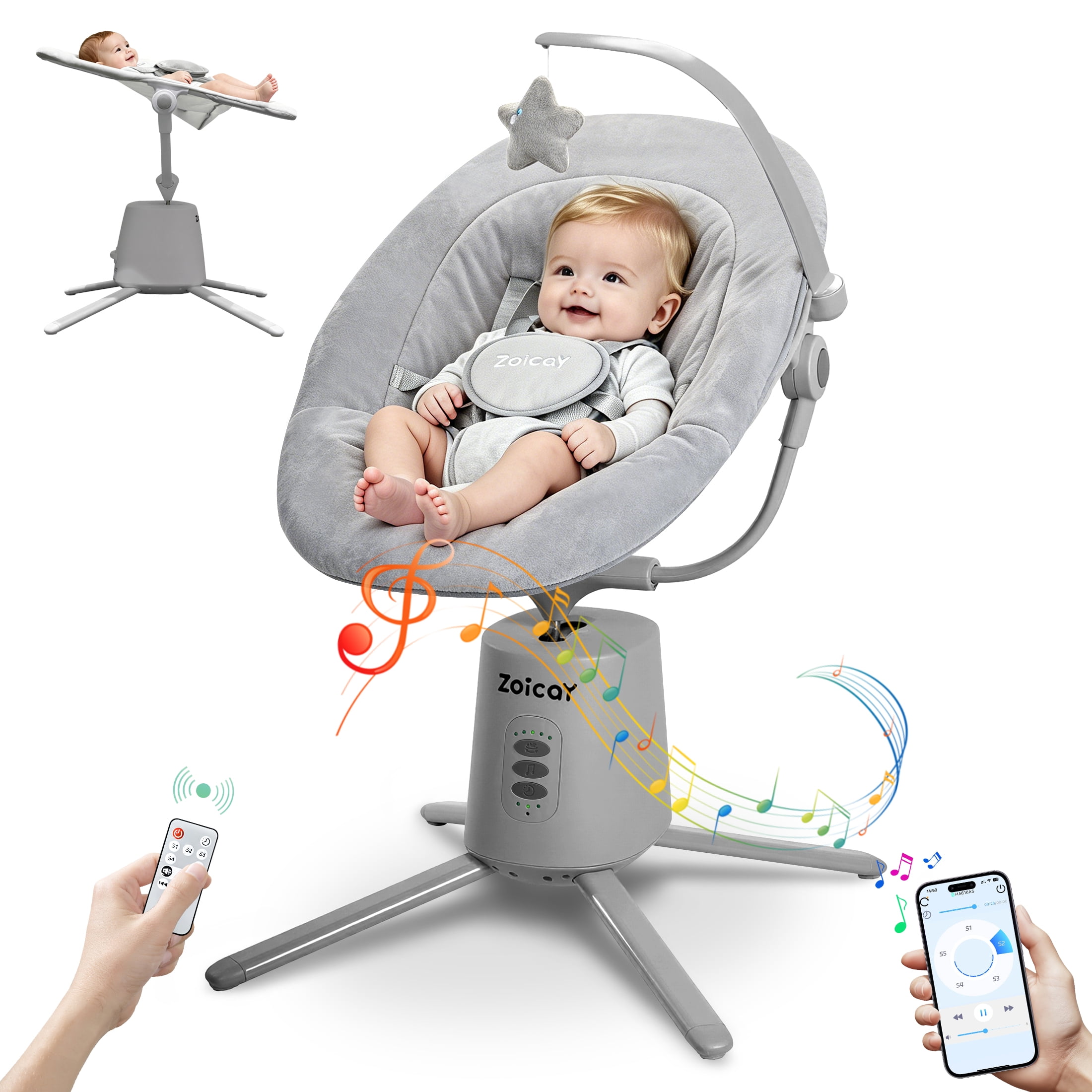 Zoicay Electric Baby Swing with App Remote Control, 5 Speeds 3 Sway Modes, Bluetooth Music, 5-Point Harness Infant Swing, Gray