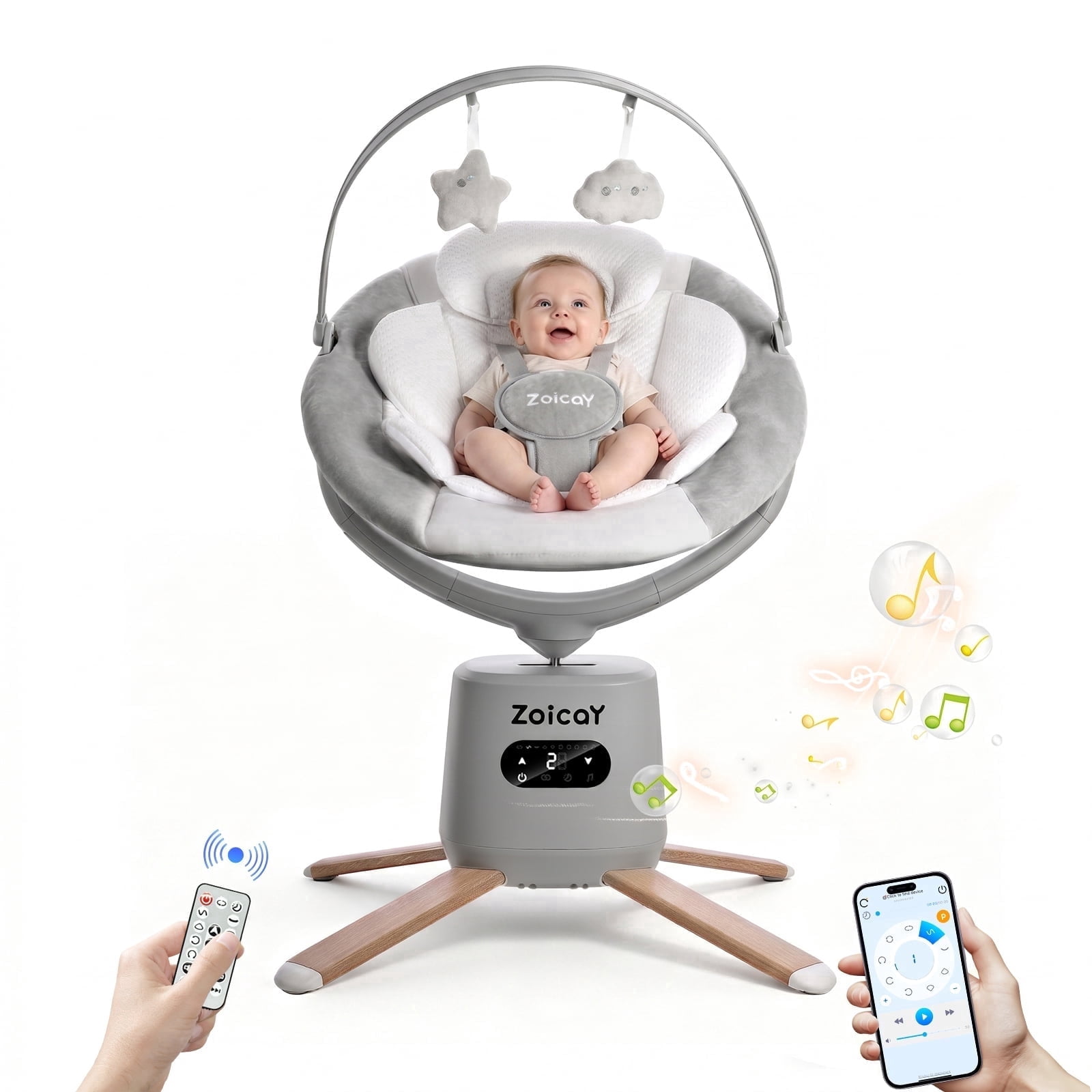 Zoicay Baby Swing with 5-Point Safety Harness, 8 Motions & 8 Speeds, 360° Rotatable Seat, Bluetooth & 6 Preset Melodies, App Remote Control, Gray