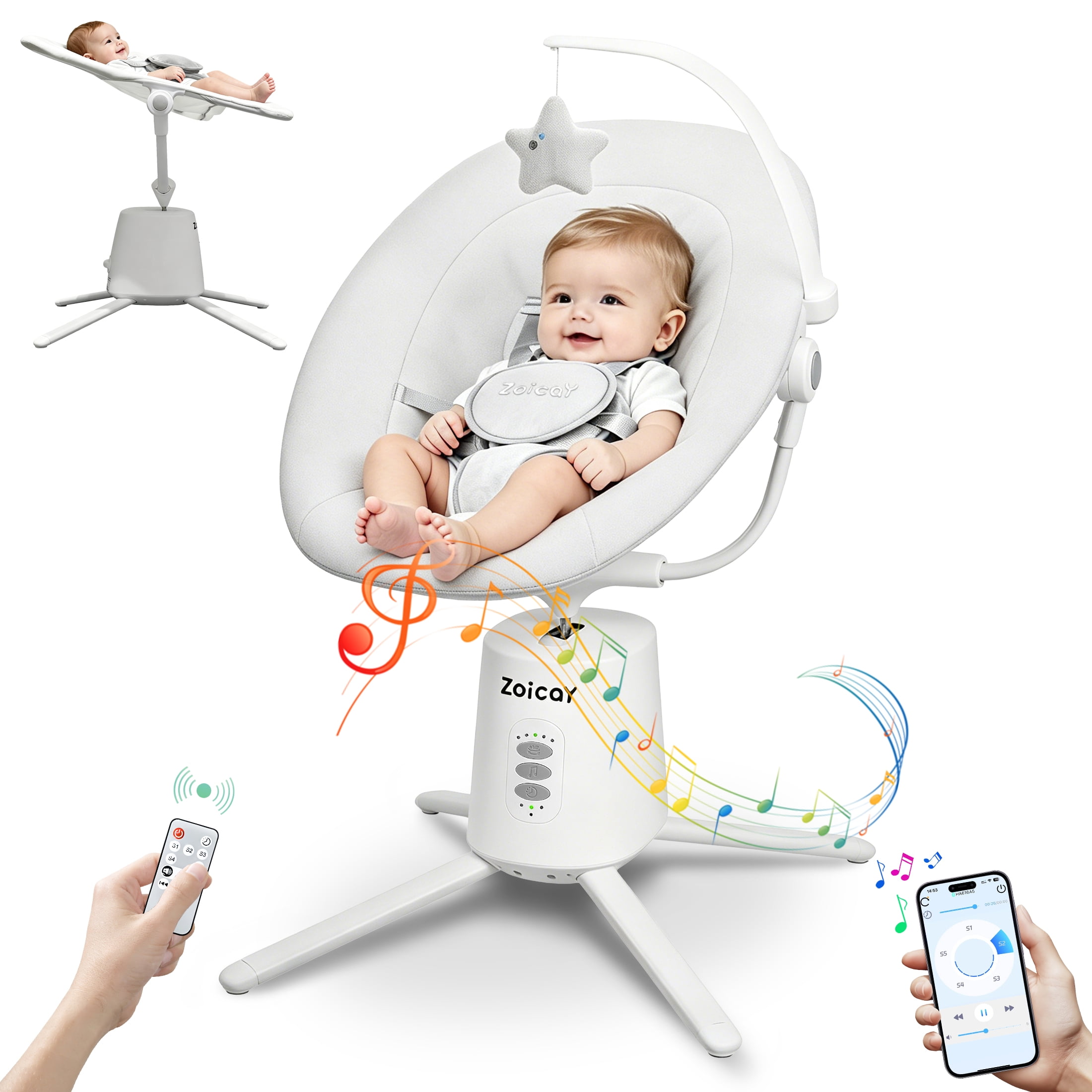Zoicay Electric Baby Swing with App Remote Control, 5 Speeds 3 Sway Modes, Bluetooth Music, 5-Point Harness Infant Swing, White