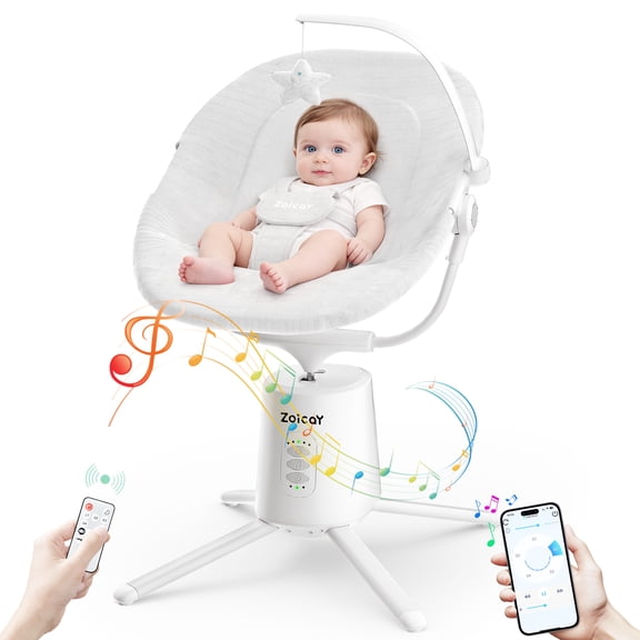 Zoicay Electric Baby Swing with App Remote Control, 5 Speeds 3 Sway Modes, Bluetooth Music, 5-Point Harness Infant Swing, White