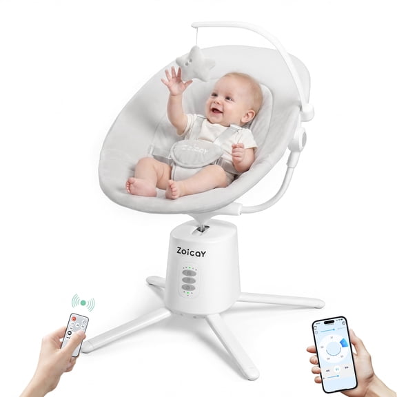 Zoicay Electric Baby Swing with App Remote Control, 5 Speeds 3 Sway Modes, Bluetooth Music, 5-Point Harness Infant Swing, White