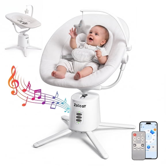 Zoicay Electric Baby Swing with App Remote Control, 5 Speeds 3 Sway Modes, Bluetooth Music, 5-Point Harness Infant Swing, White