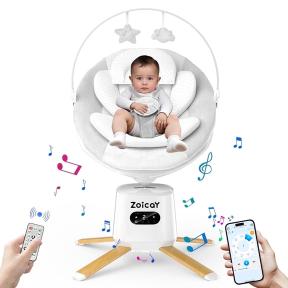 Zoicay Portable Baby Swing with 9 Sway Modes & 8 Speeds, APP Remote Control, 360° Rotating Seat, 6 Lullabies & Bluetooth Music, White