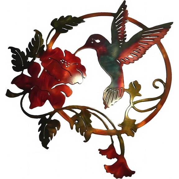 Zoihet Round Metal Bird Wall Art Decor - Hummingbird Wall Art Silhouette for your patio, garden, and fence Art Decor, Bird Wall Silhouette Indoor and Outdoor Hanging (Red)