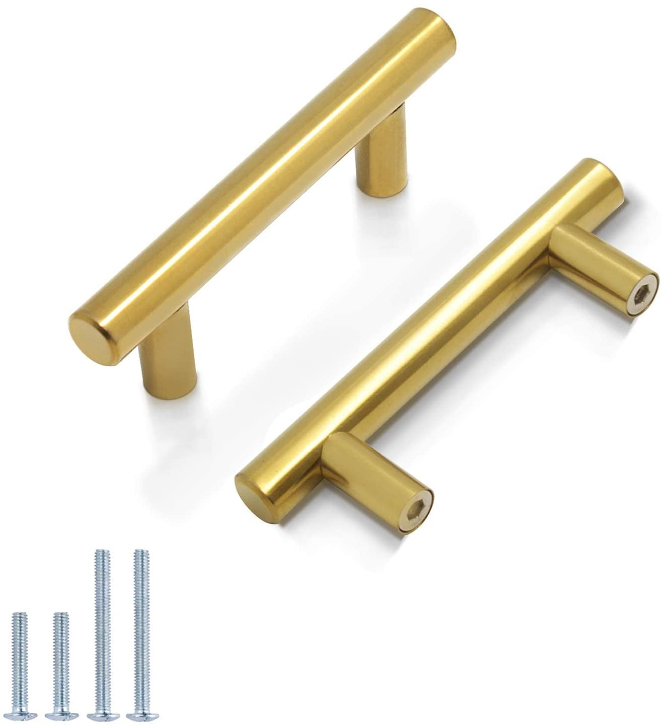 Zoizocp (5 Pack) 2-1/2" Hole Centers Modern Gold Cabinet Pulls Kitchen Bathroom Cabinet Hardware, Euro T Bar Dresser Drawer Pull Bathroom Gold Drawer Handles, 4 Inch Total Length
