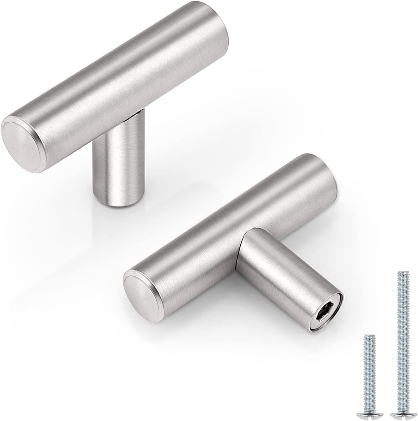 Zoizocp (5 Pack) Euro Style Round T Bar Satin Nickel Cabinet Knobs, Single Hole Stainless Steel Kitchen Cabinet Handles Dresser Drawer Cupboard Bathroom Chest Door Hardware, 2 Inch Total Length