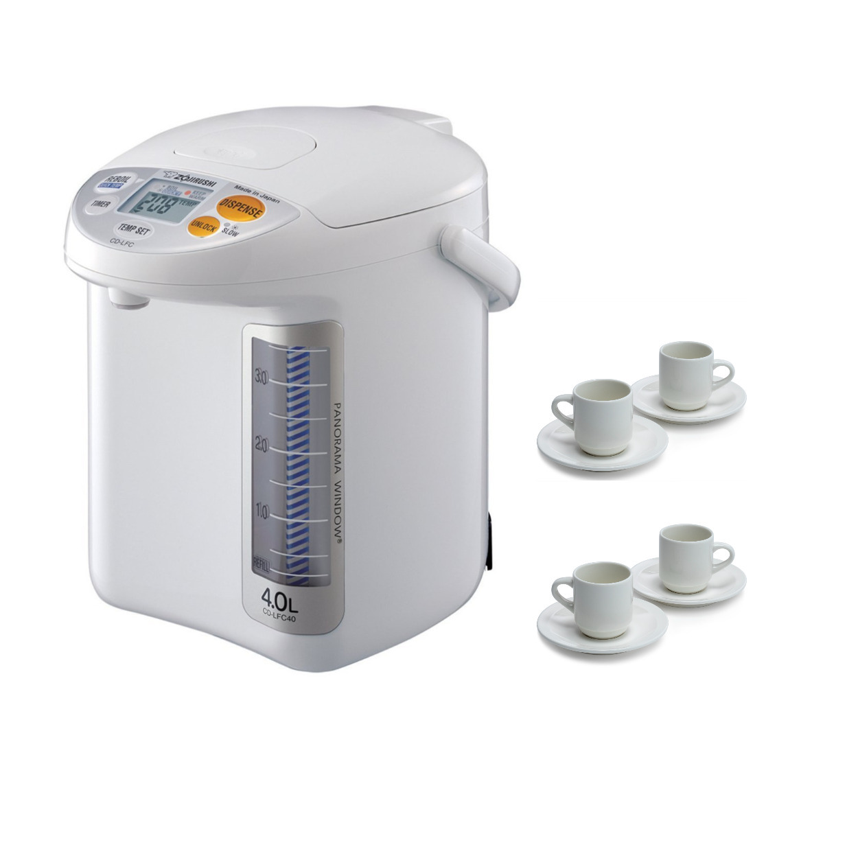 Zojirushi CDLFC40 Water Boiler and Warmer (135 oz, White) w/Espresso Cup and Saucer (4
