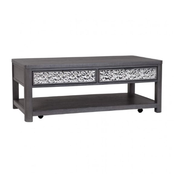 Zoko 48 Inch Coffee Table, Caster Wheels, Drawers, Ash Gray Rubberwood
