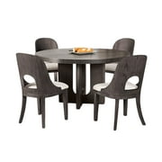 Benjara Zoko 5pc Round Dining Table Set- White Polyester Chairs- Ash Gray Wood