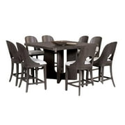 Benjara Zoko 9pc Counter Height Dining Table Set- White Seats- Ash Gray Wood