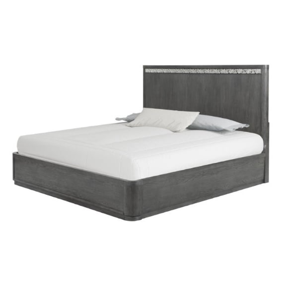 Zoko King Bed with Panel Style Headboard, Chrome, Ash Gray Solid Wood