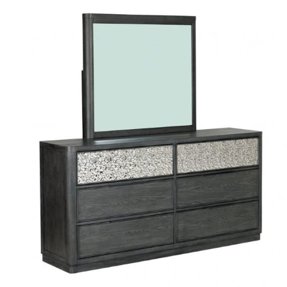 Zoko Wide Dresser with 5 Drawers, Textured Metal Accents, Ash Gray