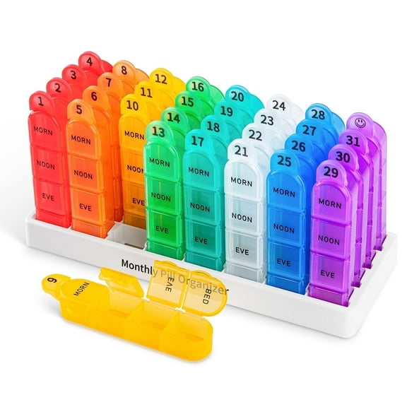 Monthly Pill Organizer 4 Times a Day, One Month Pill Box, 30 Day Rainbow Pill Case for Elderly, 31 Daily Medcine Container for Vitamins, Supplement & Medication