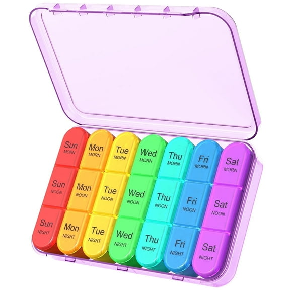 Weekly Pill Organizer 3 Times a Day, Travel Pill Box Case 7 Day, Large Medication Container for Daily Vitamin and Medicine, with Portable Compartments (Purple)