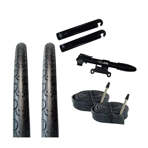Zol Bundle 2 Pack Road Tires, 2 Bike Tubes 700x28C Presta/French, 2 Tire Levers and 1 Zol Mini Pump