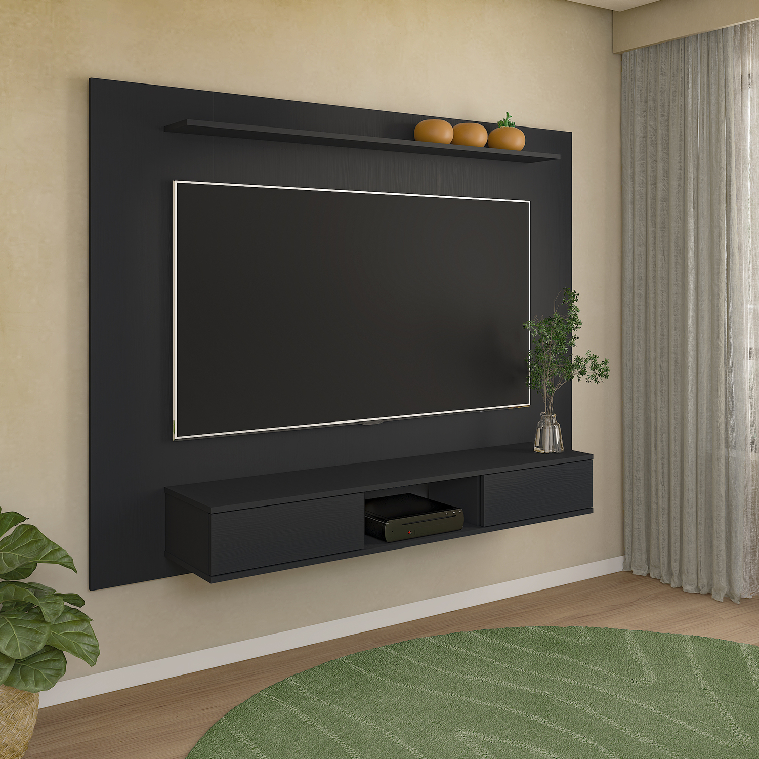Zola Multi Storage Wall Media Center for up to 70 inch TVs, Entertainment Center with Storage, Floating TV Stand with 2 Sliding Doors and 2 Floating Wall Shelves, UV Painting Finish Black