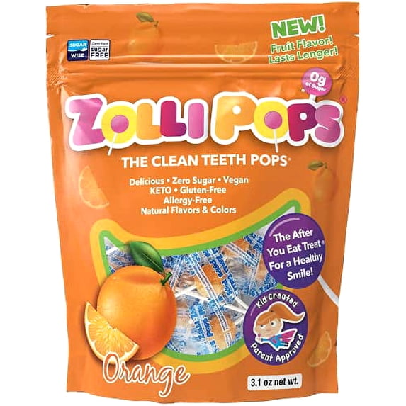 Zollipops Clean Teeth Lollipops AntiCavity Sugar Free Candy with Xylitol for a Healthy Smile Great for Kids Diabetics and Keto Diet 3.1oz, Orange, 15 Count