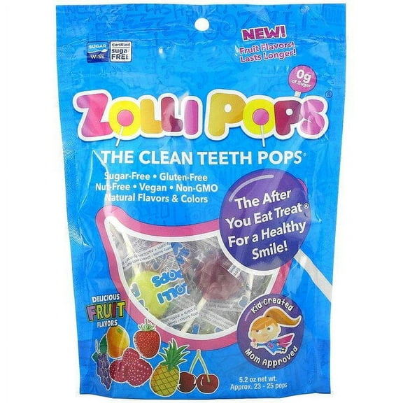 Zollipops, The Clean Teeth Pops, Strawberry, Orange, Raspberry, Cherry, Grape, Pineapple, Approx. 23-25 ZolliPops, 5.2 oz Pack of 2