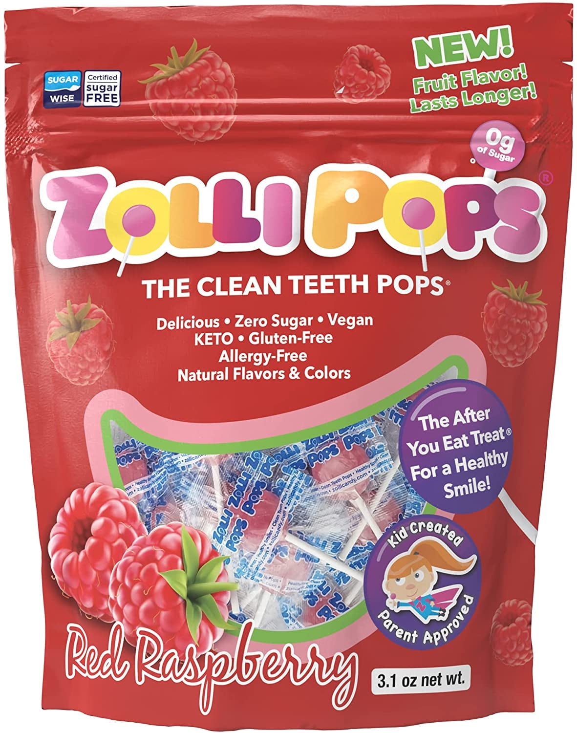 Zollipops the Clean Teeth Pops, anti Cavity Lollipops, RASPBERRY (3.1