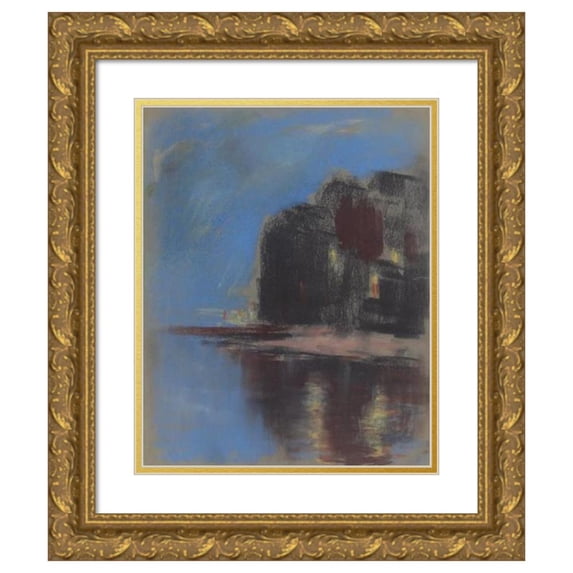 Zolo Palugyay 12x14 Gold Ornate Wood Frame and Double Matted Museum Art Print Titled - Blue Lake Under Black Rock (1931)