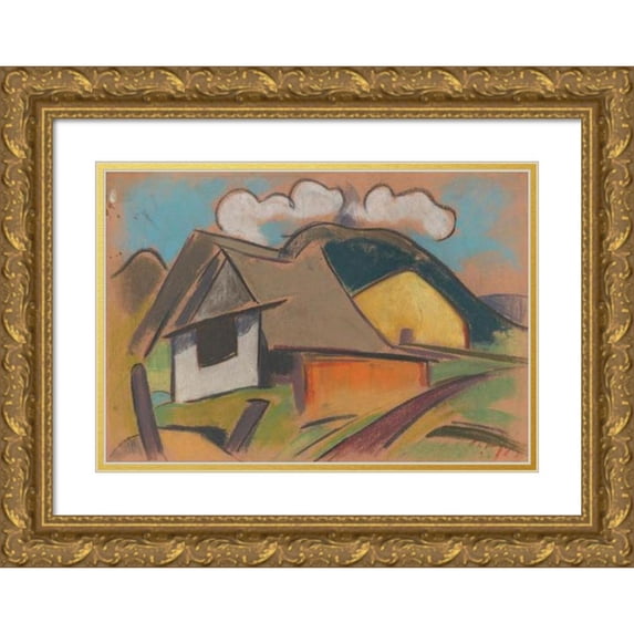 Zolo Palugyay 18x13 Gold Ornate Wood Frame and Double Matted Museum Art Print Titled - Cottages in the Mountains (1931)