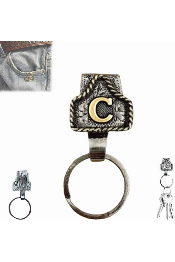 Western Style Alphabet Keychain - Personalized Cow Tag Keychain with Vintage Finish