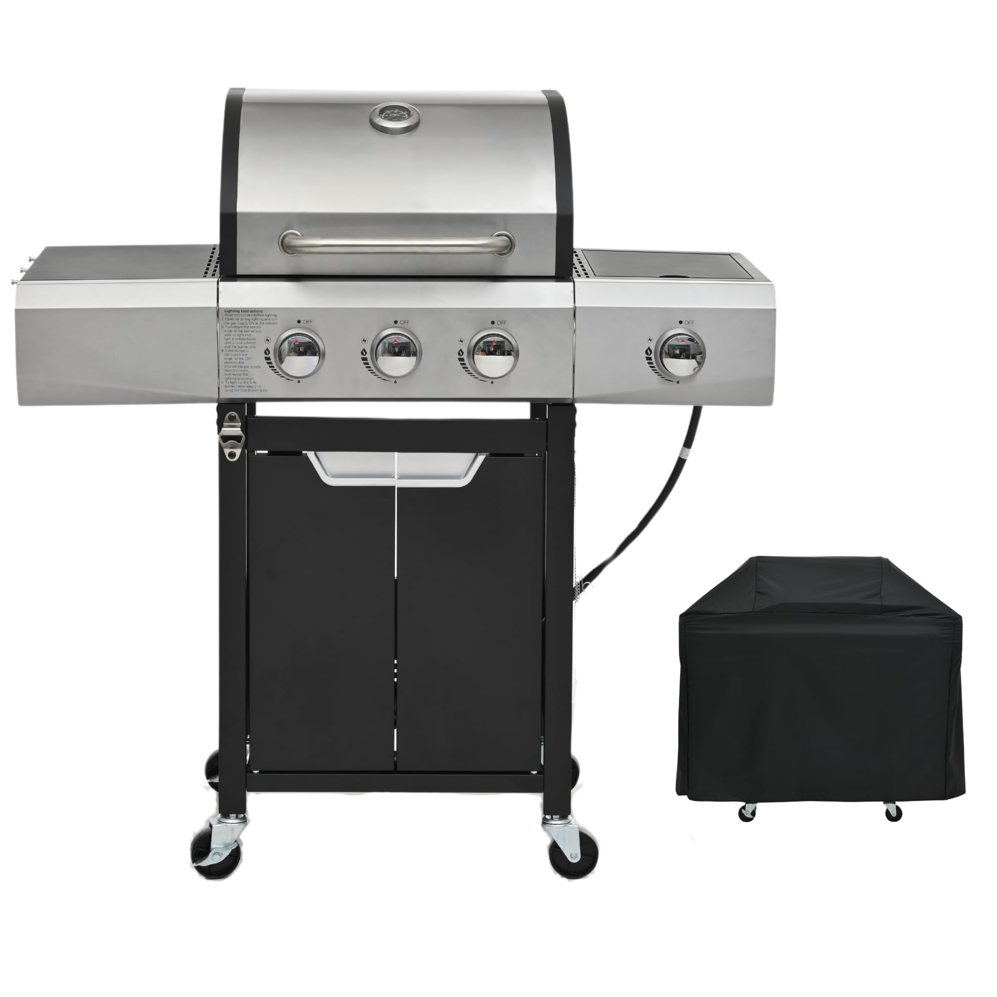 Stainless Steel 3-Burner Propane Gas Grill with Side Burner and Cover