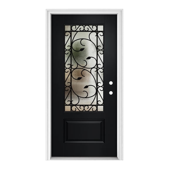 Zolyndo 36"x80" 36"x80" Fiberglass Entry Door with Vinyl Frame, Left Hand Inswing, 3/4 Lite Wrought Iron Decorative Glass, 4-9/16 Vinyl Frame, LVL Stiles, for Home Entrance, Black