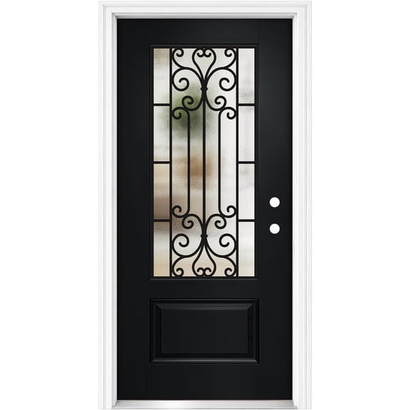 Zolyndo 36"x80" Fiberglass Entry Door with Vinyl Frame, Left Hand Inswing, 3/4 Lite Wrought Iron Decorative Glass, Mahogany & Linear Textured Finish, 4-9/16 Vinyl Frame, for Home Entrance, Black