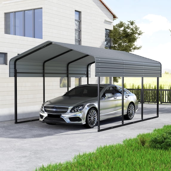 Zolyndo Heavy Duty 10x15FT Metal Carport with Galvanized Steel Roof, Outdoor Car Shelter Garage Canopy for Cars, Trucks, Boats, Dark Gray