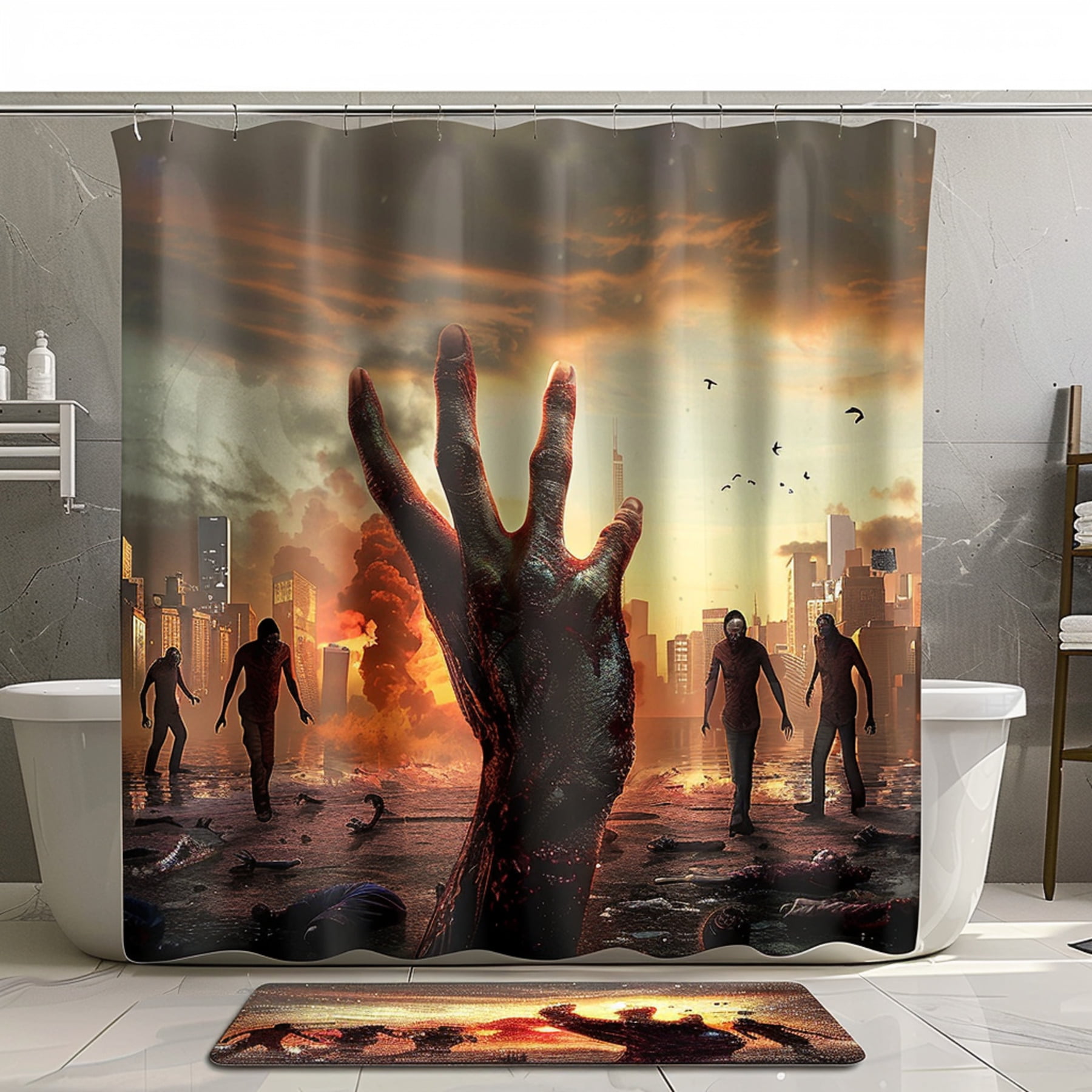 Zombie Apocalypse Shower Curtain Hyper Realistic Design Dawn Light