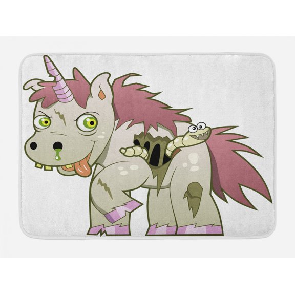 Zombie Bath Mat, Evil Unicorn Devil Face with Caterpillar Myth Legend Creature Scary Design, Non-Slip Plush Mat Bathroom Kitchen Laundry Room Decor, 29.5 X 17.5 Inches, Green Dried Rose, Ambesonne