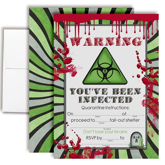 Zombie Biohazard Birthday Invitations for Kids, 20 Fill-In Cards with Envelopes, 5x7 Children's Birthday Party Invitations, Birthday Party Supplies, Made in USA by Amanda Creation