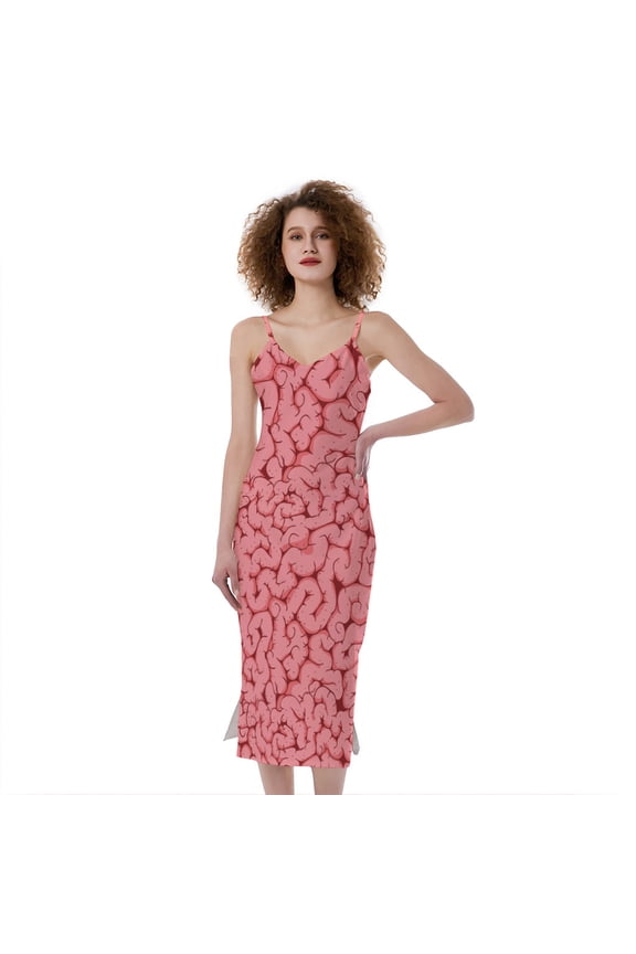 Zombie Brain Print Slim Fit Midi Cami Dress, Halloween Decorative Fashion Summer Maxi Sexy Casual Dress For Women