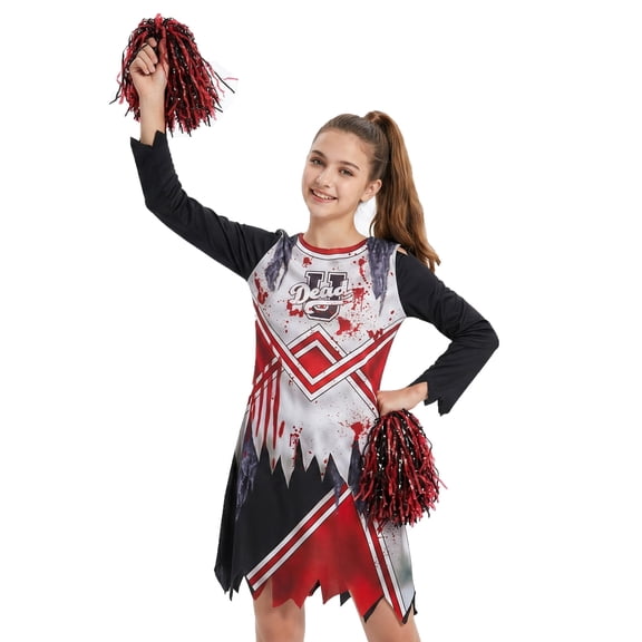 Zombie Cheerleader Costume for Teen and Women, Scary Halloween Fancy Dress Up with PomPoms Onesize