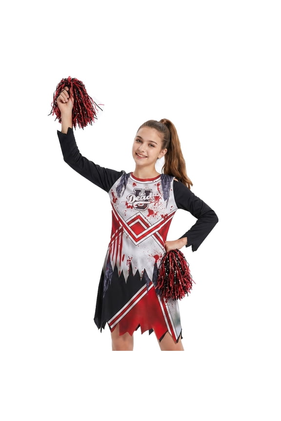 Zombie Cheerleader Costume for Teen and Women, Scary Halloween Fancy Dress Up with PomPoms Onesize