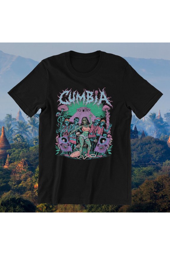 Zombie Cumbia T-Shirt | Aztec Pyramid Dance Party | Skeleton DJ Metal Band Art | Psychedelic Mushroom Gothic Festival Tee | Day of Dead