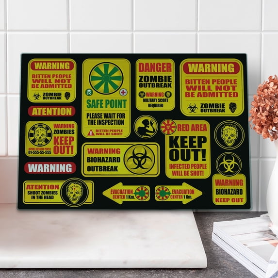 Zombie Cutting Board, Apocalypse Signs Attention Danger Safe Point Evil Phrase Modern Image Print, Decorative Tempered Glass Cutting and Serving Board, Large Size, Yellow Grey Red, by Ambesonne