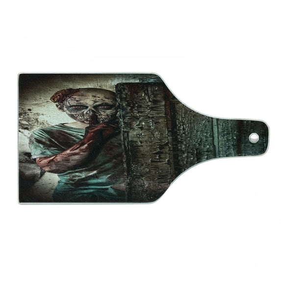 Zombie Cutting Board, Monster Behind Door Looking with Evil Eyes Hell Nightmare Modern Print, Decorative Tempered Glass Cutting and Serving Board, Wine Bottle Shape, Umber Teal Tan, by Ambesonne