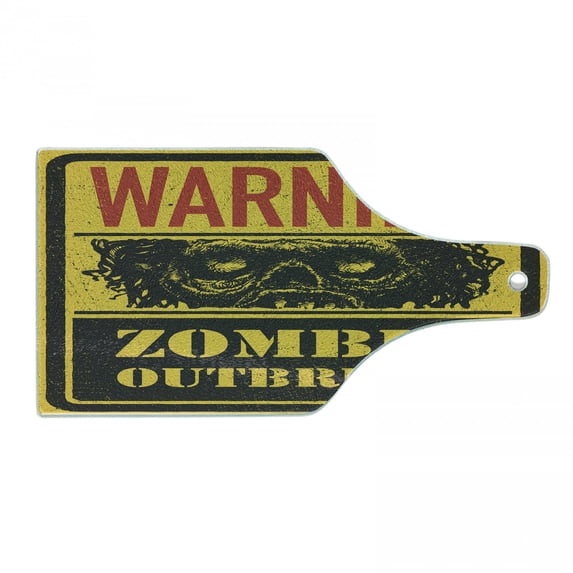 Zombie Cutting Board, Retro Warning Outbreak Horror Monster Sign in Vintage Grunge Illustration, Tempered Glass Cutting and Serving Board, Wine Bottle Shape, Earth Yellow Grey Red, by Ambesonne