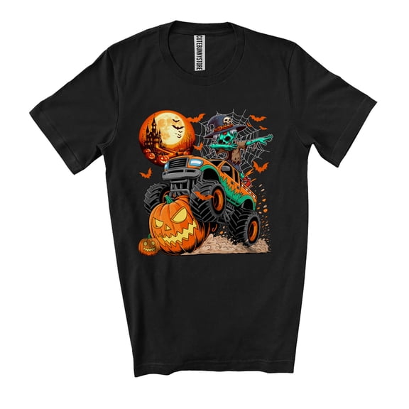 Zombie Dabbing On Monster Truck; Scary Halloween Moon Carved Pumpkin; Family Group Unisex T-Shirt