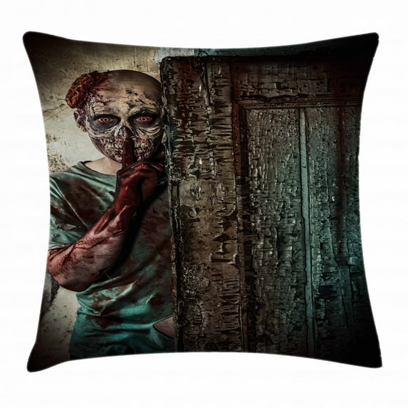 Zombie Decor Throw Pillow Cushion Cover, Monster behind the Door Looking with Evil Eyes Hell Nightmare Modern Print, Decorative Square Accent Pillow Case, 16 X 16 Inches, Umber Teal Tan, by Ambesonne