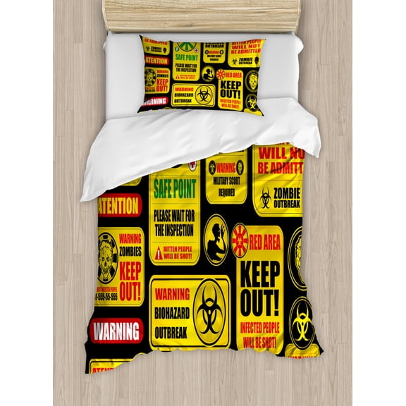 Zombie Duvet Cover Set, Apocalypse Signs Attention Danger Safe Point Evil Phrase Modern Image Print, Decorative 2 Piece Bedding Set with 1 Pillow Shams, Twin Size, Yellow Grey Red, by Ambesonne