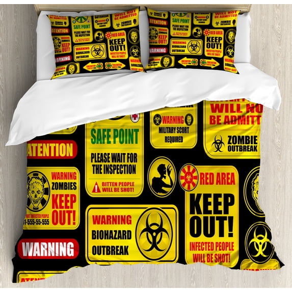 Zombie Duvet Cover Set, Apocalypse Signs Attention Danger Safe Point Evil Phrase Modern Image Print, Decorative 3 Piece Bedding Set with 2 Pillow Shams, Queen Size, Yellow Grey Red, by Ambesonne