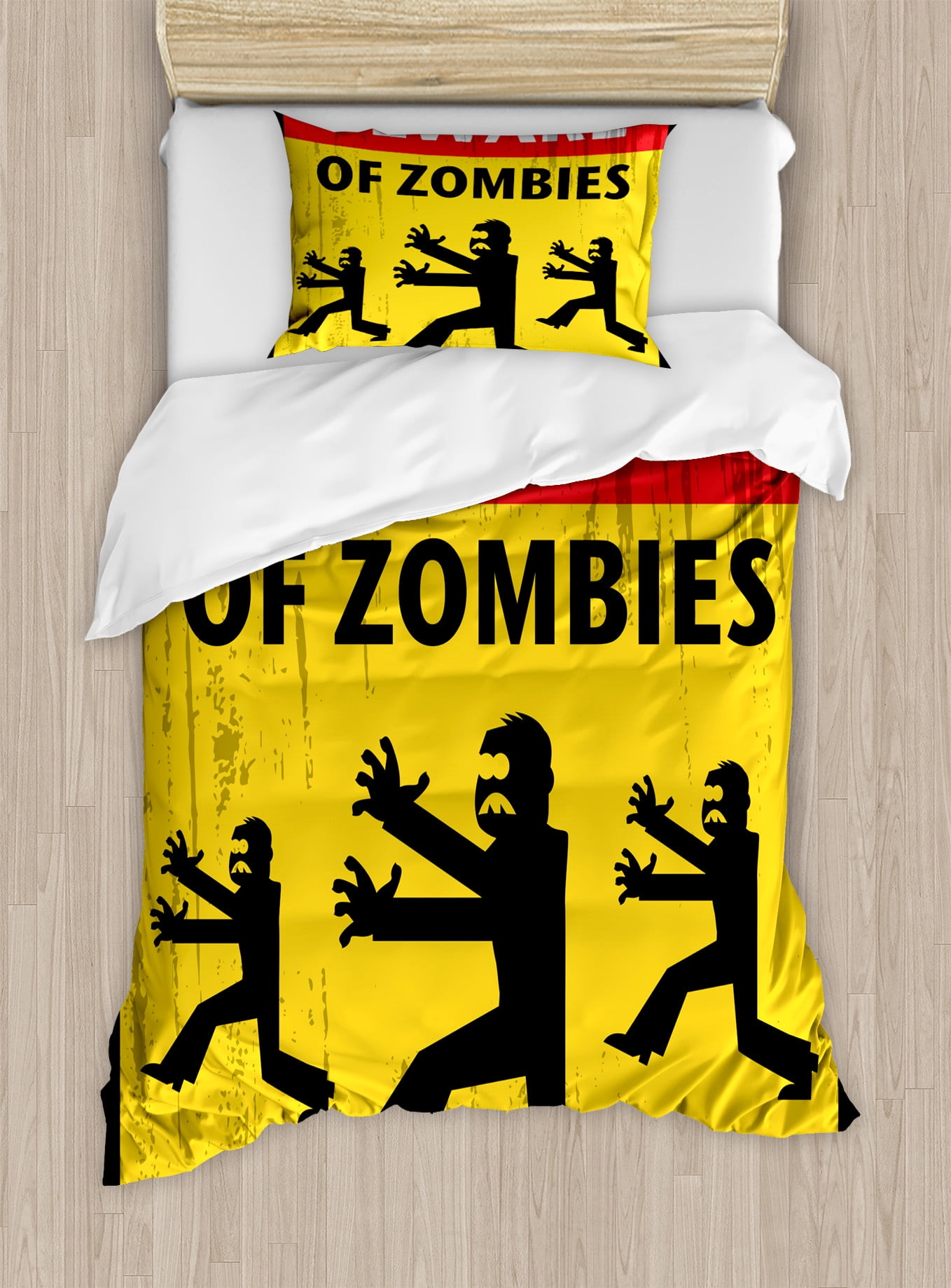Zombie Duvet Cover Set, Beware of the Zombies Fiction Humor Sign Warning Emblem Modern Graphic