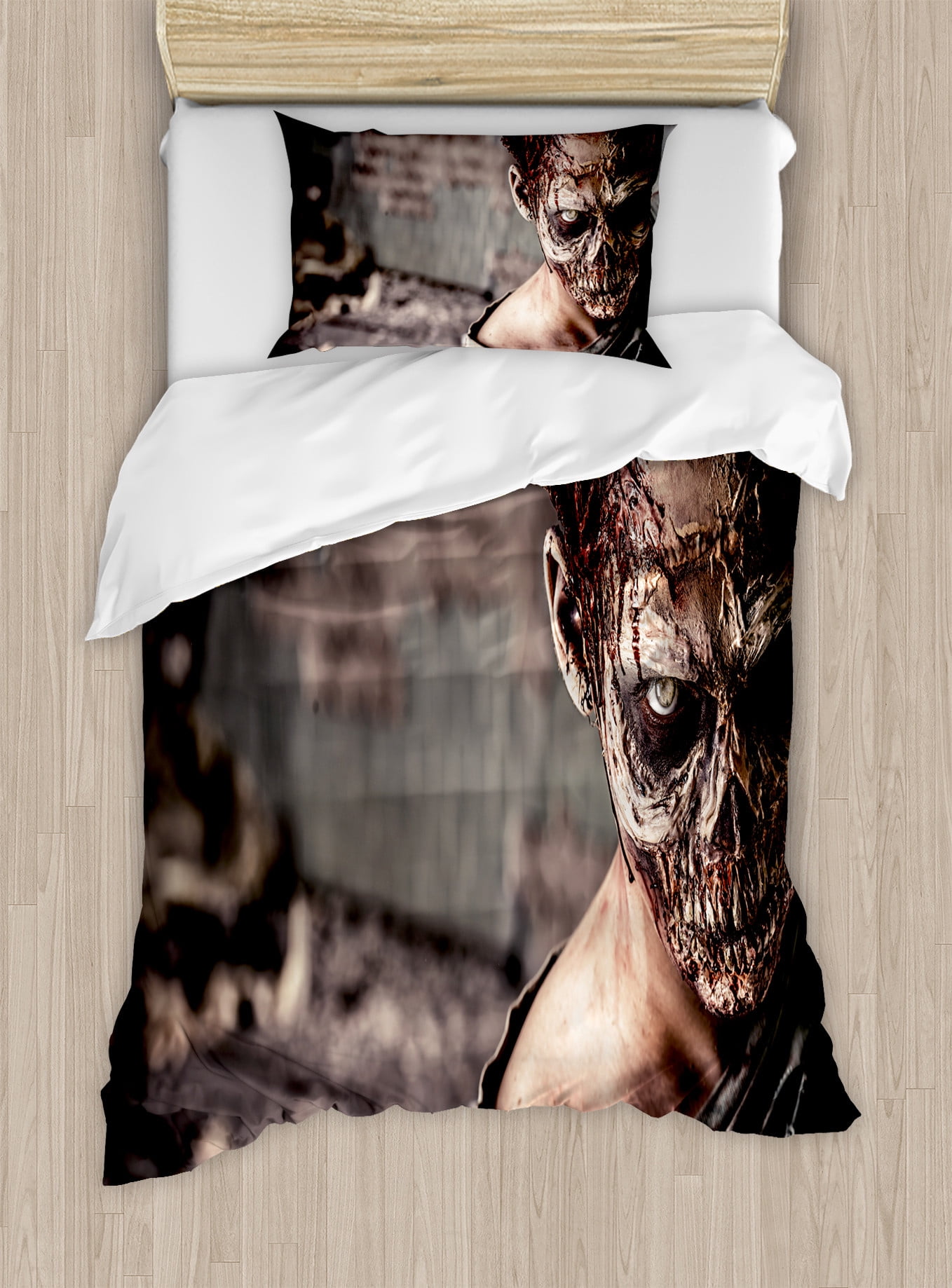 Twin Size Taupe Peach Zombie Print Duvet Cover Set